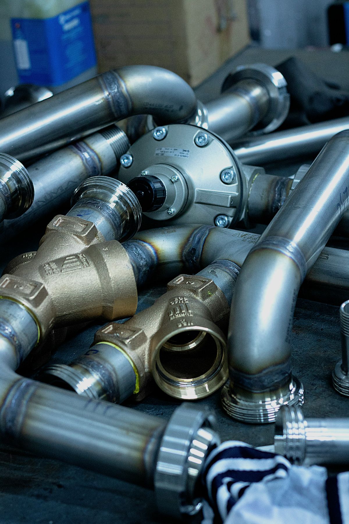 Row of stainless steel ball valves